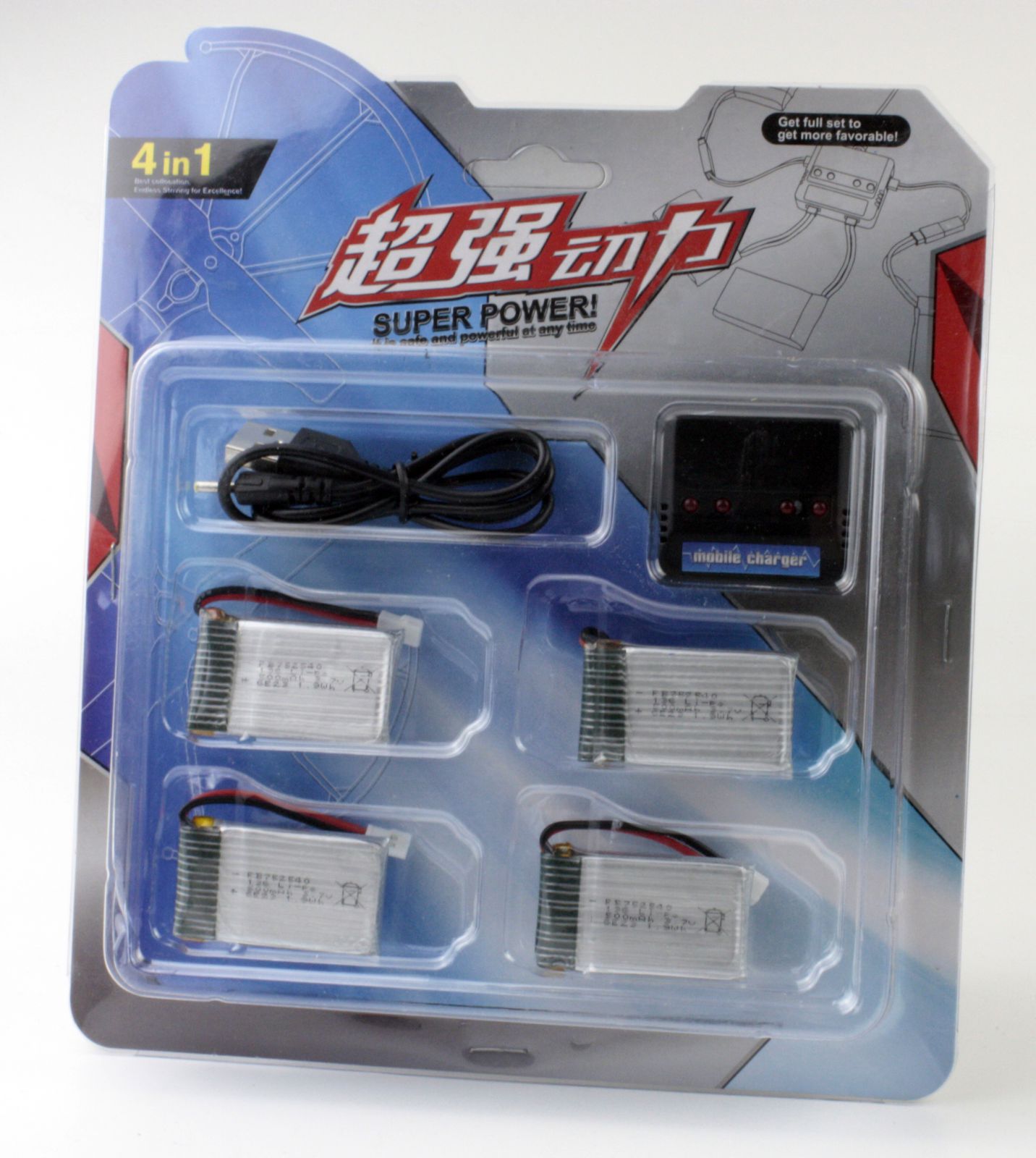 Sada baterií LiPol 600mAh 3.7V 4ks + nabíječka USB